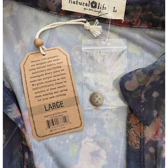 NEW Natural Life Carina Mesh Top Watercolor Indigo Floral Sheer V-Neck Boho L - Picture 4 of 15